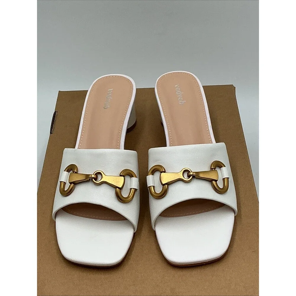 Vodvob Sandals Women's US 6 White Leather Square Toe Block Heel Slip On Eby4502
